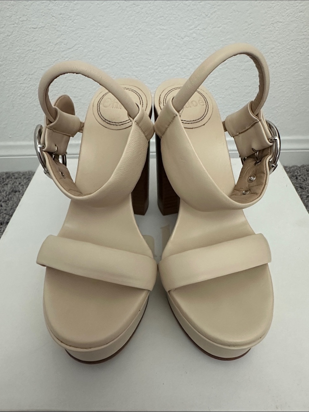 Chloe Cream Platform Block Heel Sandals with Ankle Strap